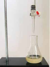 Acid base titration technique with test solution in beaker and titrant in burette.