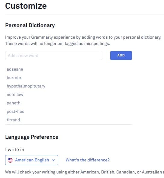 grammarly personal dictionary to add own words